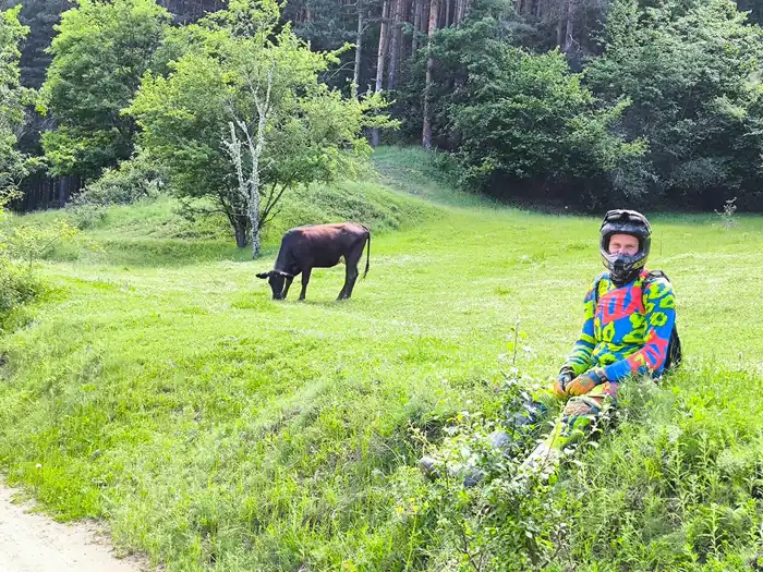 Enduro rider on a Pirin Mountains singletrack near Bansko