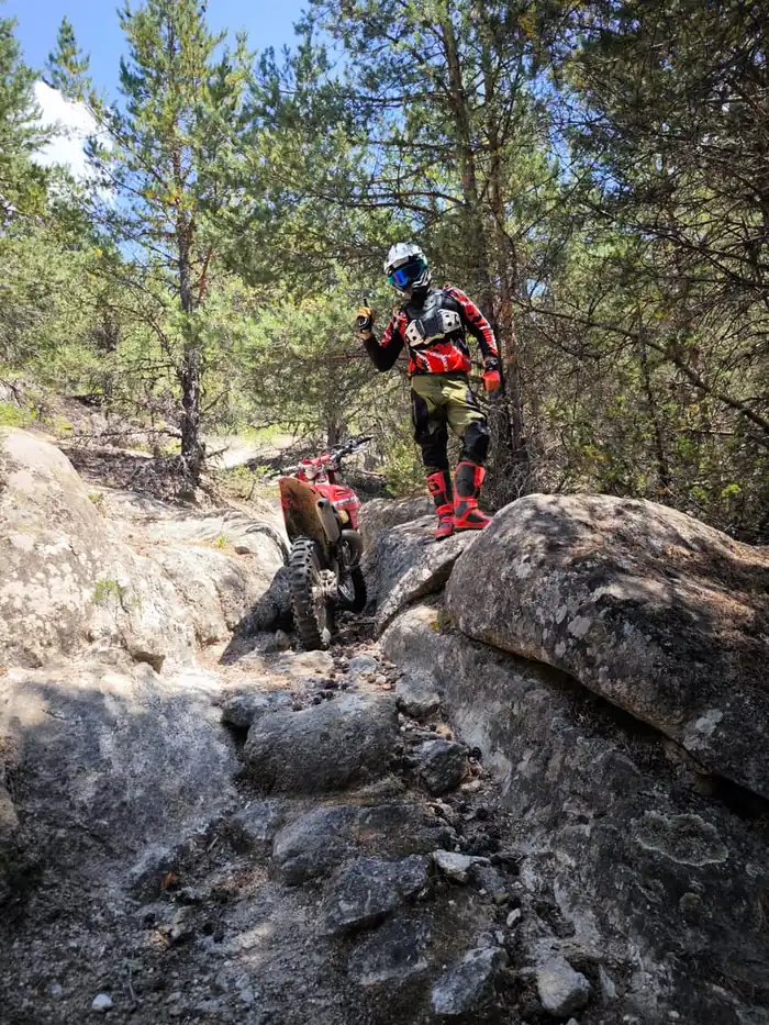 Off-road enduro riding through Bulgarian pine forest